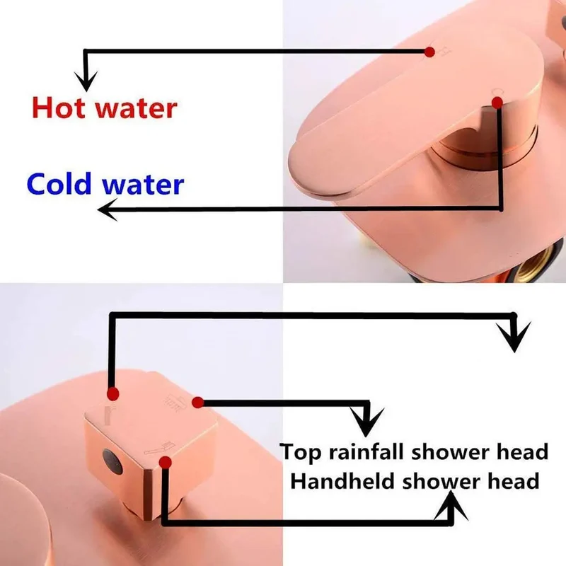 Premium Heavy Duty Brass Bathroom Shower System Boasting Clean Brushed Rose Gold Finish Comes Fully Loaded With Ceiling Mount Rainfall Head Handheld Sprayer And Six Adjustable Body Spray Jets All Wrapped In One No Hassle Slick Mixer Valve Kit