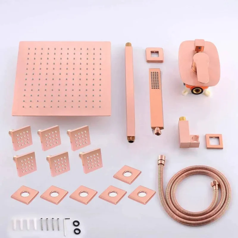 Premium Heavy Duty Brass Bathroom Shower System Boasting Clean Brushed Rose Gold Finish Comes Fully Loaded With Ceiling Mount Rainfall Head Handheld Sprayer And Six Adjustable Body Spray Jets All Wrapped In One No Hassle Slick Mixer Valve Kit