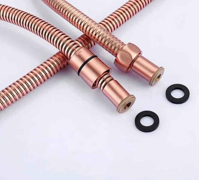 Premium Heavy Duty Brass Bathroom Shower System Boasting Clean Brushed Rose Gold Finish Comes Fully Loaded With Ceiling Mount Rainfall Head Handheld Sprayer And Six Adjustable Body Spray Jets All Wrapped In One No Hassle Slick Mixer Valve Kit
