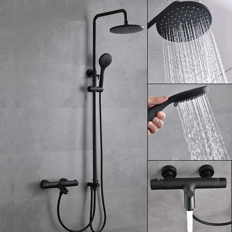 Slick Wall Mounted Shower System With Smooth Flow Thermostatic Mixer And Adjustable Slide Bar Featuring Triple Spray Rain Overhead And Instant Kick Bathtub Faucet Setup