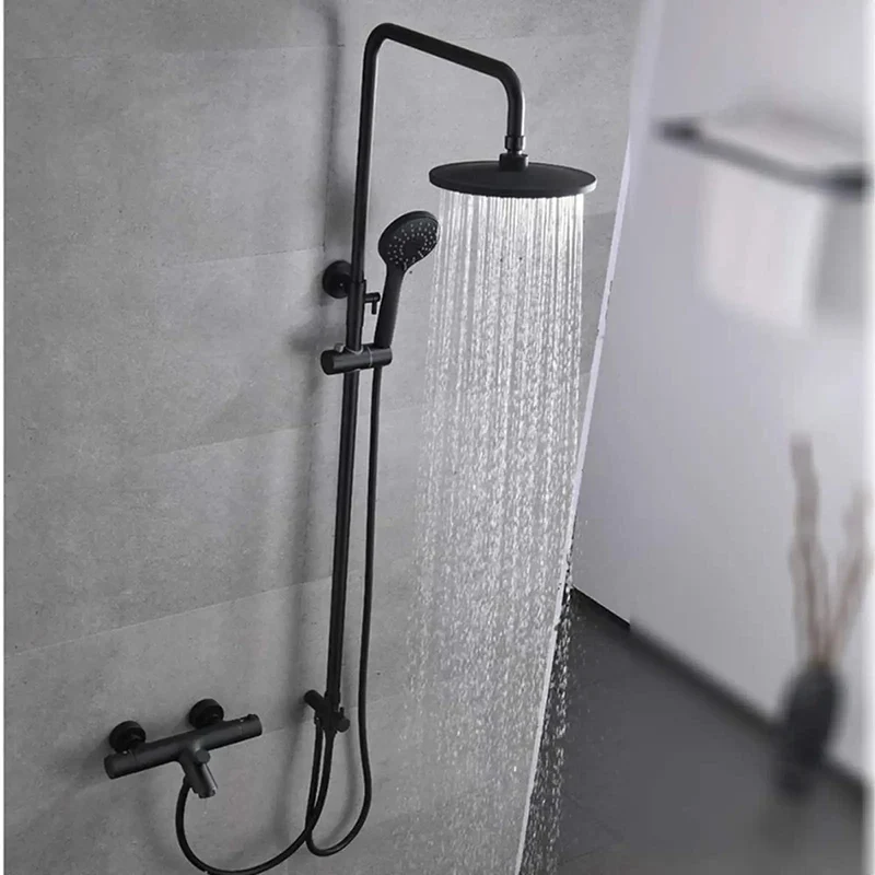 Slick Wall Mounted Shower System With Smooth Flow Thermostatic Mixer And Adjustable Slide Bar Featuring Triple Spray Rain Overhead And Instant Kick Bathtub Faucet Setup