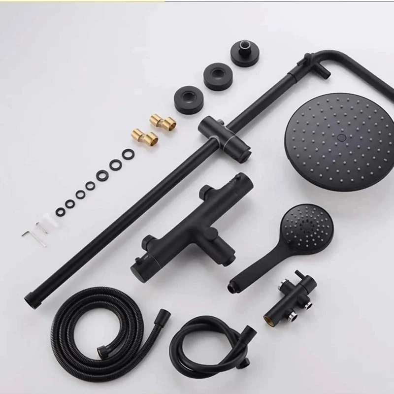 Slick Wall Mounted Shower System With Smooth Flow Thermostatic Mixer And Adjustable Slide Bar Featuring Triple Spray Rain Overhead And Instant Kick Bathtub Faucet Setup
