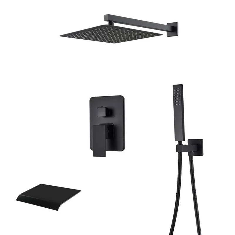 Wall Mounted Concealed Shower System Matte Black Finish Includes Square Rain Showerhead Handheld Sprayer Waterfall Tub Spout Perfect Bathroom Glow Up Combo With Hidden Valve Pro Setup