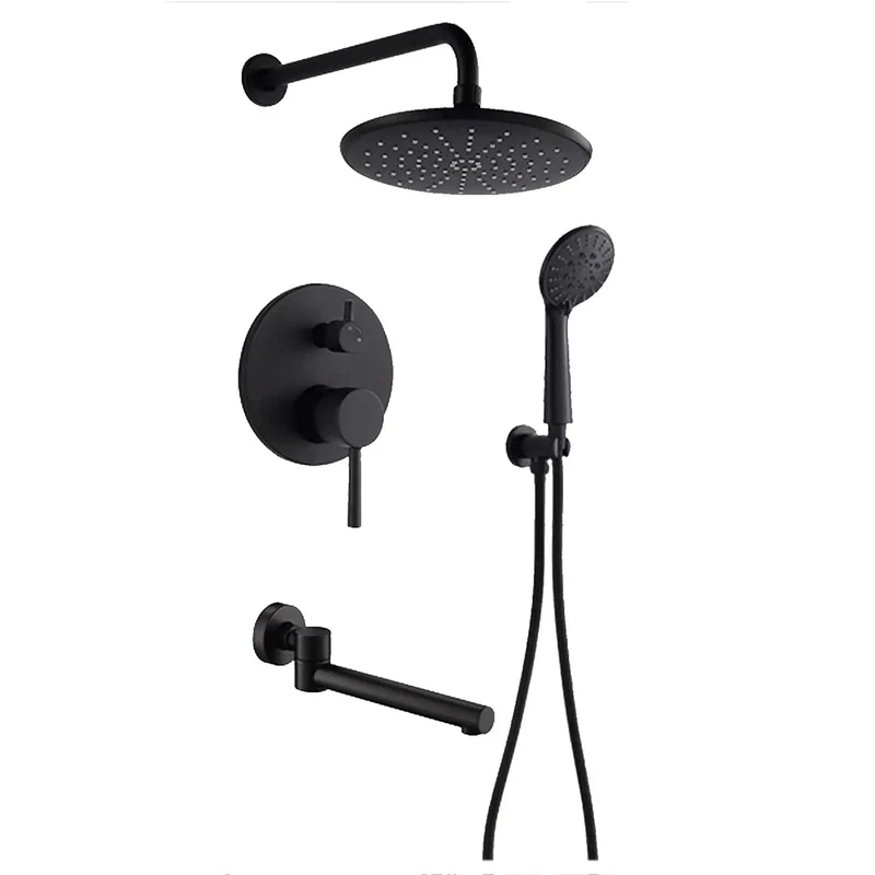 Sleek Matte Black Shower System With Tub Spout And Heavy Duty Brass Wall Mounted Bath Kit Featuring Slick Three Setting Handheld Sprayer Plus Flexible 180 Degree Rotating Arm For Upgraded Bathroom Setup