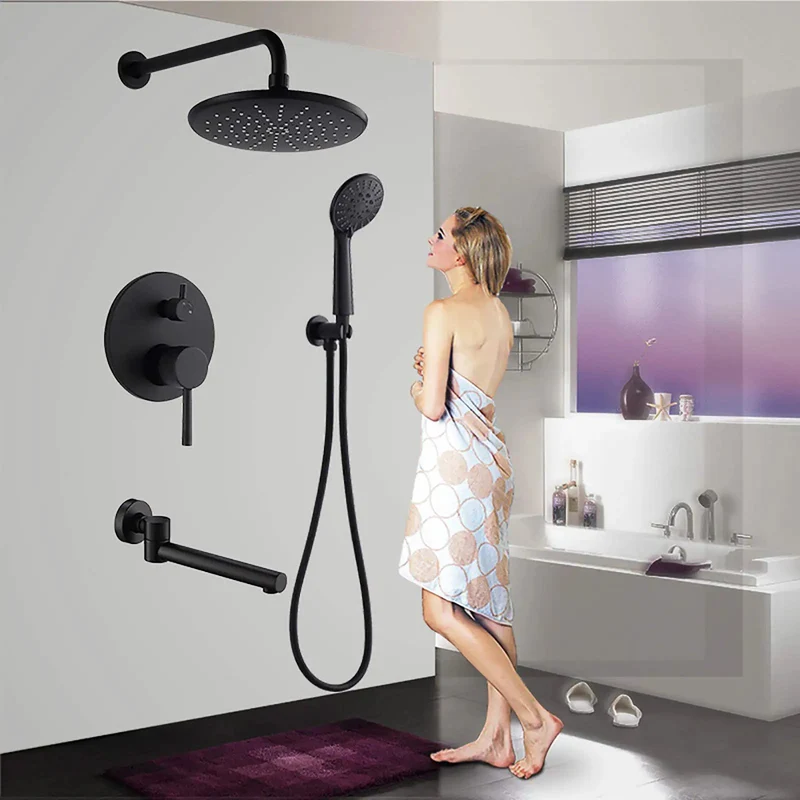 Sleek Matte Black Shower System With Tub Spout And Heavy Duty Brass Wall Mounted Bath Kit Featuring Slick Three Setting Handheld Sprayer Plus Flexible 180 Degree Rotating Arm For Upgraded Bathroom Setup