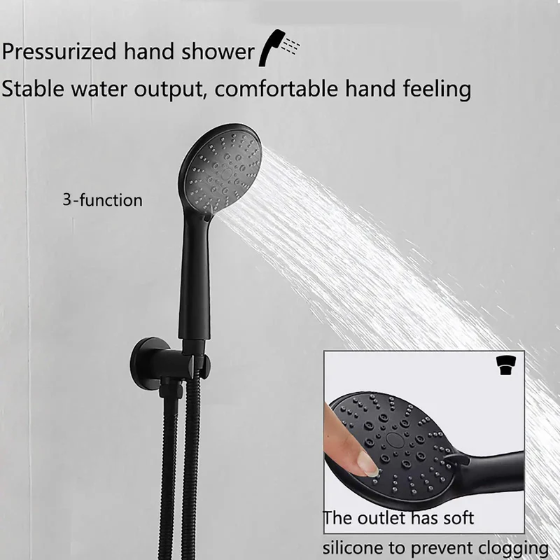 Sleek Matte Black Shower System With Tub Spout And Heavy Duty Brass Wall Mounted Bath Kit Featuring Slick Three Setting Handheld Sprayer Plus Flexible 180 Degree Rotating Arm For Upgraded Bathroom Setup