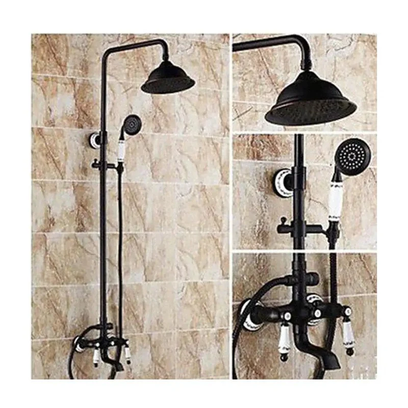 Badass Retro Solid Brass Shower Column Set with Bathtub Faucet and Black Finish Wall Mount Shower System including Handheld Sprayer and High Pressure Multi Function Control Tap Durable Build