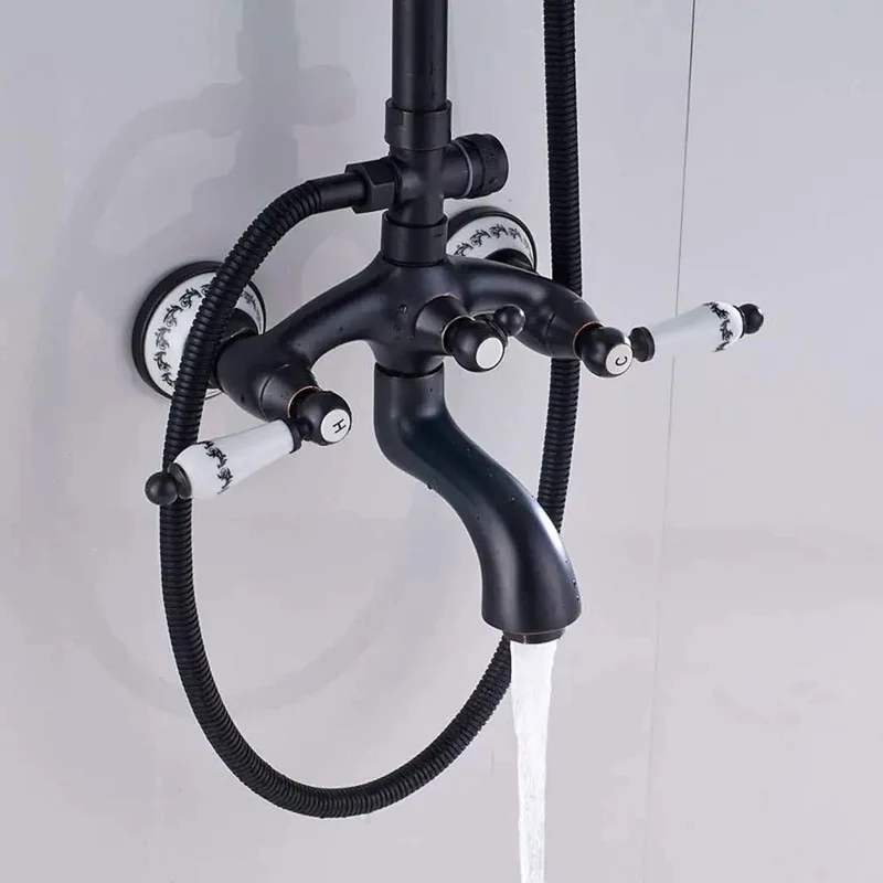 Slick Matte Bronze Shower System With Hot And Cold Water Combo Featuring Multi Function Spray Head Handheld Sprayer And Waterfall Tub Spout For A Smooth Daily Vibe And Tight Bathroom Setup