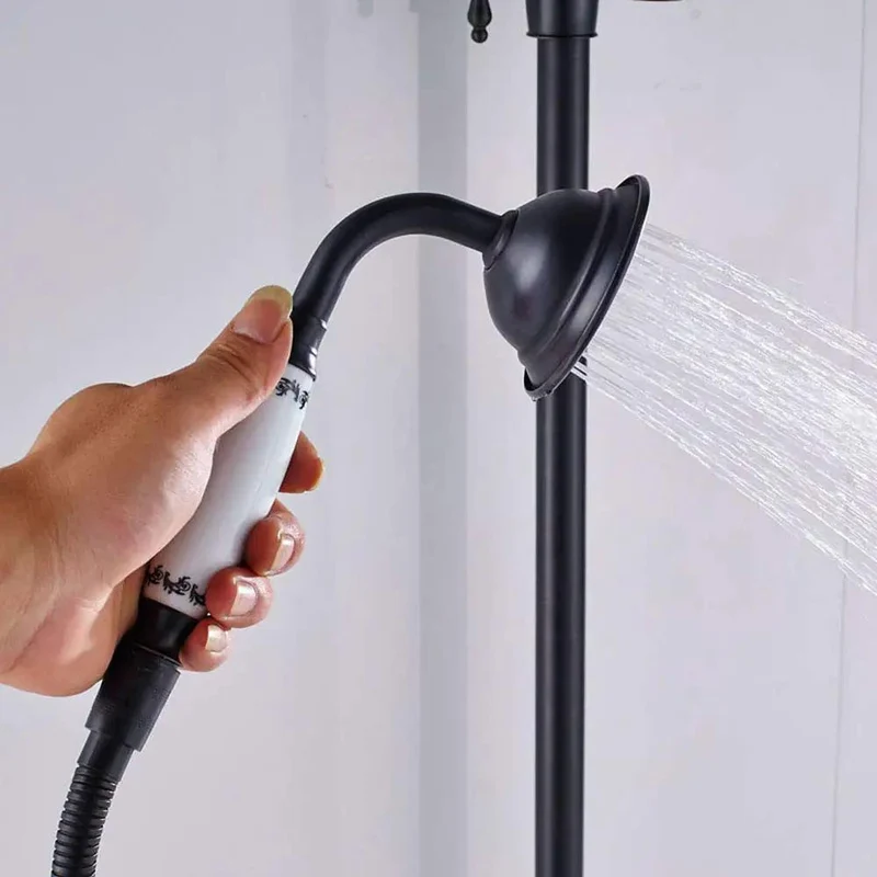 Slick Matte Bronze Shower System With Hot And Cold Water Combo Featuring Multi Function Spray Head Handheld Sprayer And Waterfall Tub Spout For A Smooth Daily Vibe And Tight Bathroom Setup