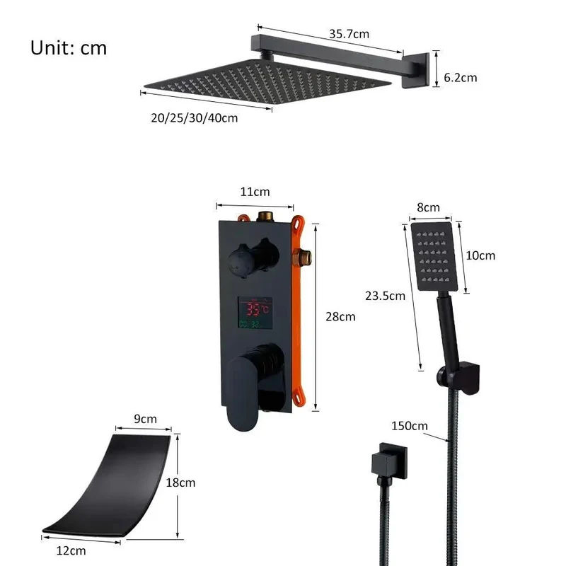Badass Matte Black LED Digital Temperature Display Shower System Wall Mounted Concealed Valve Combo With 8 Inch Rain Shower Head Handheld Sprayer And Waterfall Tub Spout
