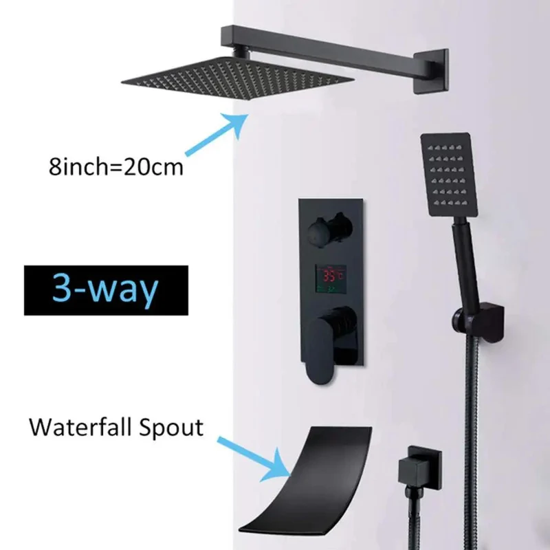 Badass Matte Black LED Digital Temperature Display Shower System Wall Mounted Concealed Valve Combo With 8 Inch Rain Shower Head Handheld Sprayer And Waterfall Tub Spout