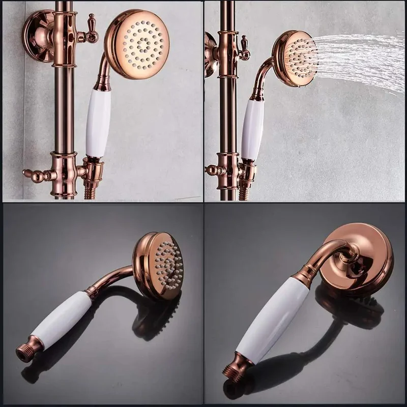 Stunning 8-Inch Rose Gold Shower System With Oversized Rainfall Head And Detachable Handheld Sprayer Bathtub Faucet Set Single Handle Valve High Pressure Spa Bathroom Glow Up Slick Modern Design