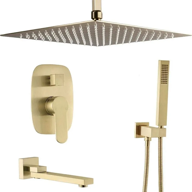 Top Shelf Brushed Gold Ceiling Mount Shower System Featuring Heavy Duty Square Rainfall Head And Smooth Handheld Sprayer With Complete Multi Outlet Fixture Setup For Modern Bathrooms