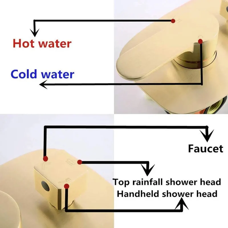 Top Shelf Brushed Gold Ceiling Mount Shower System Featuring Heavy Duty Square Rainfall Head And Smooth Handheld Sprayer With Complete Multi Outlet Fixture Setup For Modern Bathrooms