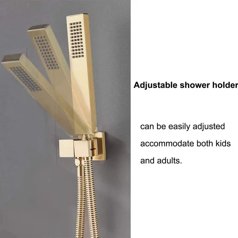 Top Shelf Brushed Gold Ceiling Mount Shower System Featuring Heavy Duty Square Rainfall Head And Smooth Handheld Sprayer With Complete Multi Outlet Fixture Setup For Modern Bathrooms