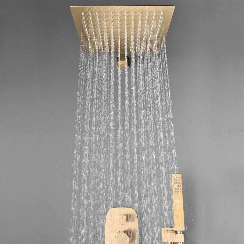 Top Shelf Brushed Gold Ceiling Mount Shower System Featuring Heavy Duty Square Rainfall Head And Smooth Handheld Sprayer With Complete Multi Outlet Fixture Setup For Modern Bathrooms