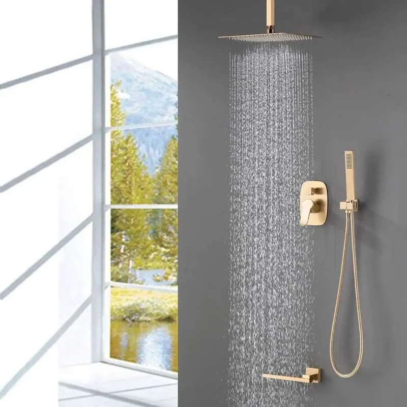 Top Shelf Brushed Gold Ceiling Mount Shower System Featuring Heavy Duty Square Rainfall Head And Smooth Handheld Sprayer With Complete Multi Outlet Fixture Setup For Modern Bathrooms