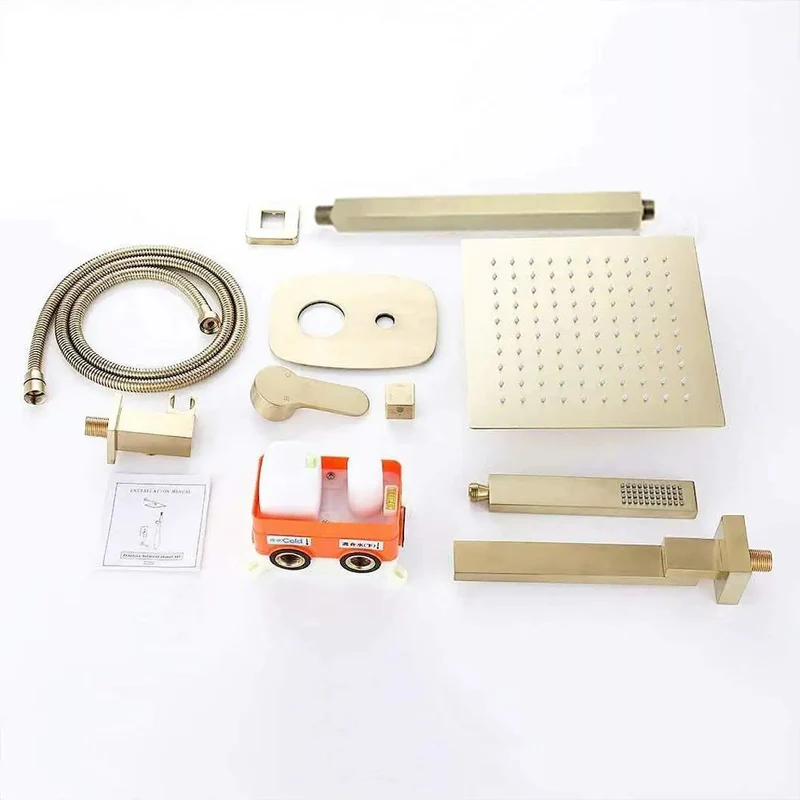 Top Shelf Brushed Gold Ceiling Mount Shower System Featuring Heavy Duty Square Rainfall Head And Smooth Handheld Sprayer With Complete Multi Outlet Fixture Setup For Modern Bathrooms