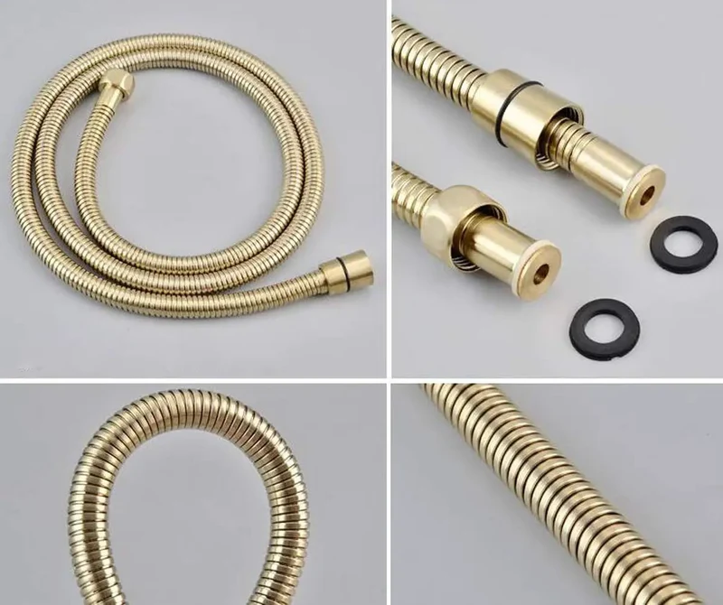 Top Shelf Brushed Gold Ceiling Mount Shower System Featuring Heavy Duty Square Rainfall Head And Smooth Handheld Sprayer With Complete Multi Outlet Fixture Setup For Modern Bathrooms