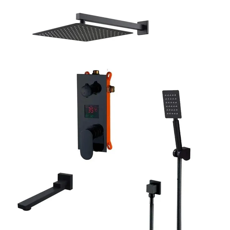 Slick Matte Black Wall Mounted Shower System With Smooth Digital Led Display And Eight Inch Rainhead Packed Into A Tight Multi Function Combo Kit For A Breezy Home Refresh