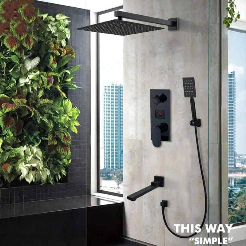 Slick Matte Black Wall Mounted Shower System With Smooth Digital Led Display And Eight Inch Rainhead Packed Into A Tight Multi Function Combo Kit For A Breezy Home Refresh