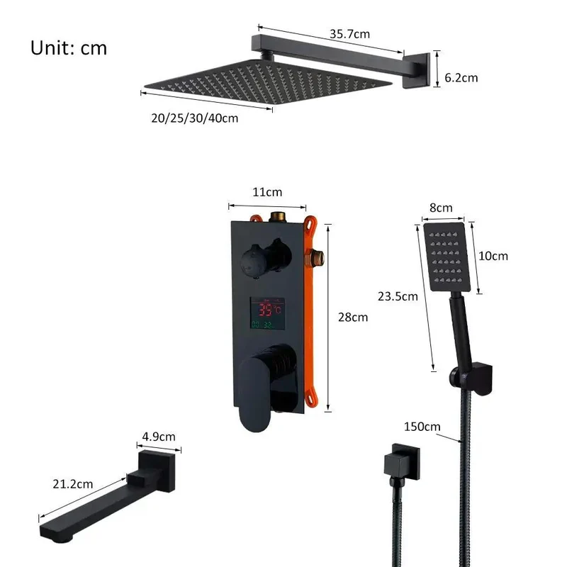 Slick Matte Black Wall Mounted Shower System With Smooth Digital Led Display And Eight Inch Rainhead Packed Into A Tight Multi Function Combo Kit For A Breezy Home Refresh