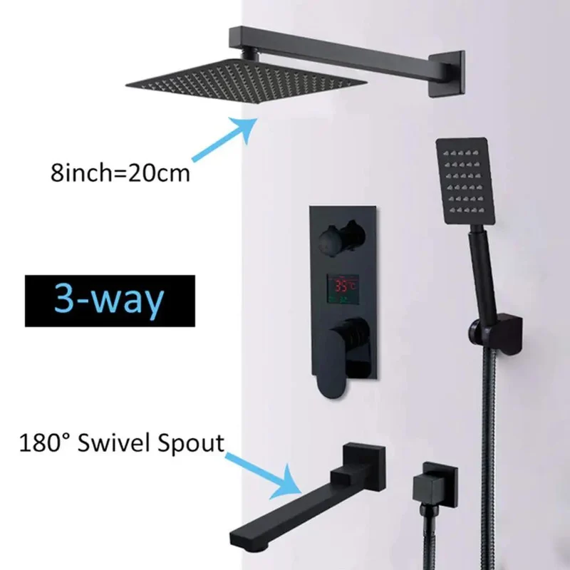 Slick Matte Black Wall Mounted Shower System With Smooth Digital Led Display And Eight Inch Rainhead Packed Into A Tight Multi Function Combo Kit For A Breezy Home Refresh