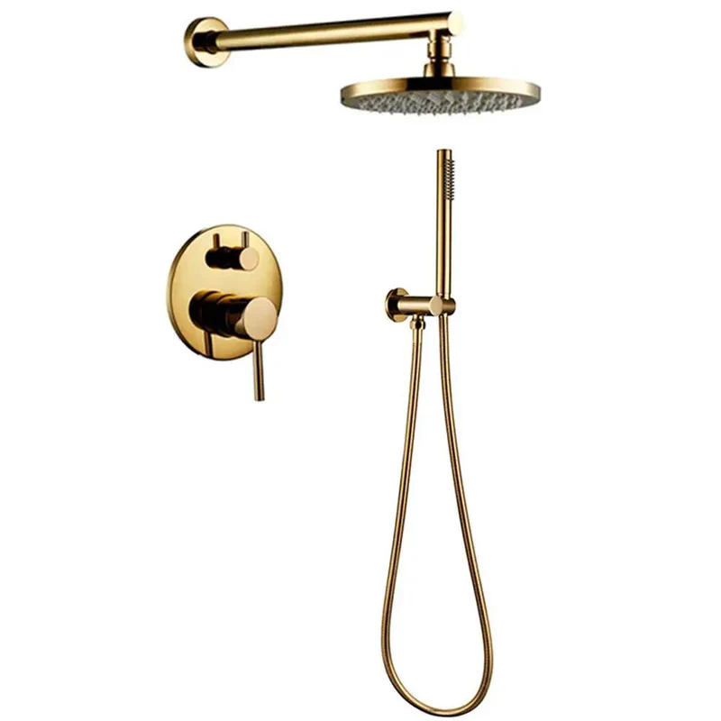 Wall Mounted Dual Handle Shower System Featuring Slick Titanium Gold Brass Finish And Pressurized Flow For A Buttery Smooth Heavy Duty Bathroom Upgrade With Round And Handheld Heads