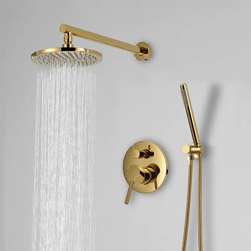 Wall Mounted Dual Handle Shower System Featuring Slick Titanium Gold Brass Finish And Pressurized Flow For A Buttery Smooth Heavy Duty Bathroom Upgrade With Round And Handheld Heads