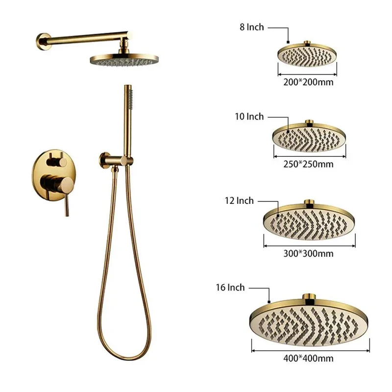 Wall Mounted Dual Handle Shower System Featuring Slick Titanium Gold Brass Finish And Pressurized Flow For A Buttery Smooth Heavy Duty Bathroom Upgrade With Round And Handheld Heads