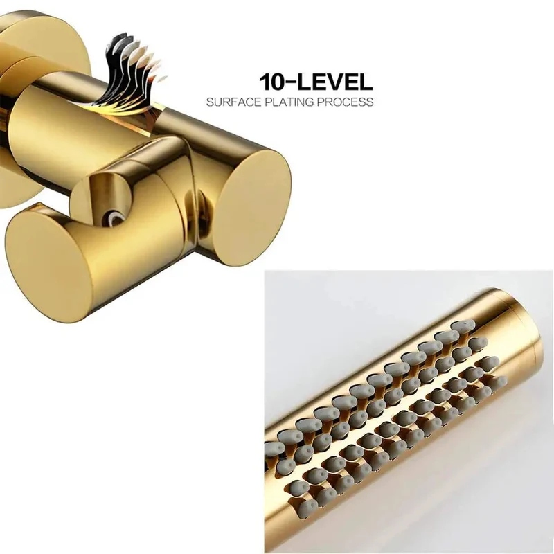 Wall Mounted Dual Handle Shower System Featuring Slick Titanium Gold Brass Finish And Pressurized Flow For A Buttery Smooth Heavy Duty Bathroom Upgrade With Round And Handheld Heads