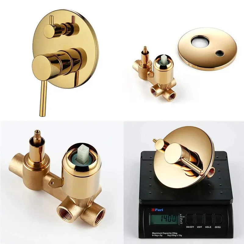 Wall Mounted Dual Handle Shower System Featuring Slick Titanium Gold Brass Finish And Pressurized Flow For A Buttery Smooth Heavy Duty Bathroom Upgrade With Round And Handheld Heads