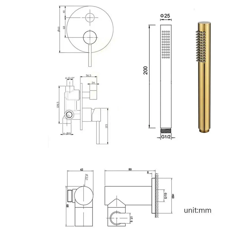 Wall Mounted Dual Handle Shower System Featuring Slick Titanium Gold Brass Finish And Pressurized Flow For A Buttery Smooth Heavy Duty Bathroom Upgrade With Round And Handheld Heads