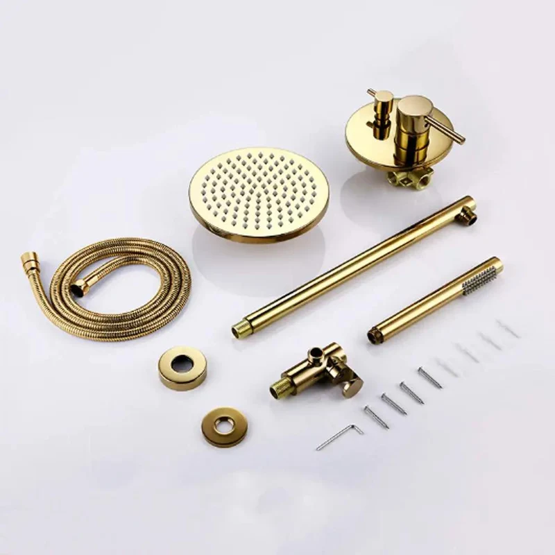 Wall Mounted Dual Handle Shower System Featuring Slick Titanium Gold Brass Finish And Pressurized Flow For A Buttery Smooth Heavy Duty Bathroom Upgrade With Round And Handheld Heads