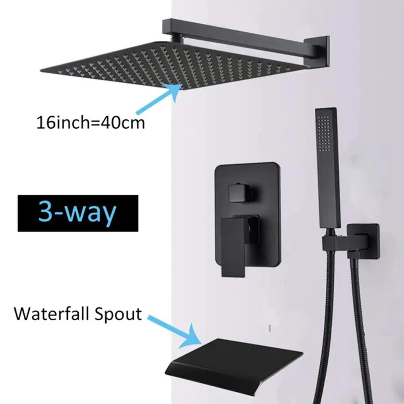 Legit Matte Black Shower System Wall Mounted Concealed Bath Fixture With Huge Square Rain Head Handheld Sprayer Waterfall Tub Spout Straight Up Smooth Water Flow
