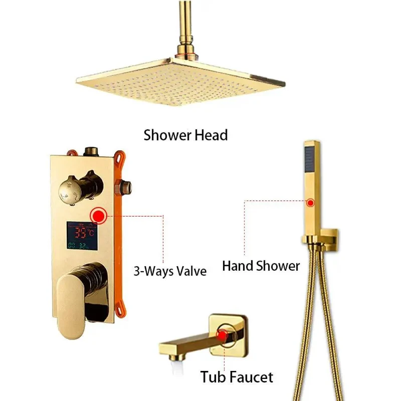 Slick Ceiling Mounted Rainfall Shower System With 12 Inch Gold Finish And Digital Temperature Display Featuring A Single Lever Handle Concealed Mixing Valve For Top Shelf Bathroom Setup And Heavy Duty Daily Comfort