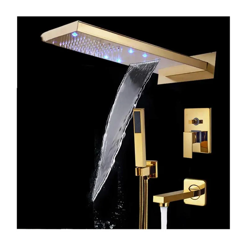 Premium Gold Led Waterfall Shower Set Featuring Hella Smooth Brass Valves And Rain Shower Head Plus Handheld Sprayer And Tub spout For Your Top Tier Bathroom Chill Zone Upgrade
