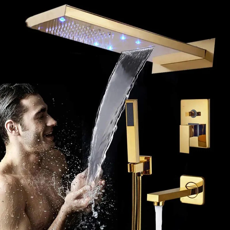 Premium Gold Led Waterfall Shower Set Featuring Hella Smooth Brass Valves And Rain Shower Head Plus Handheld Sprayer And Tub spout For Your Top Tier Bathroom Chill Zone Upgrade
