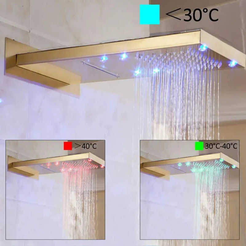 Premium Gold Led Waterfall Shower Set Featuring Hella Smooth Brass Valves And Rain Shower Head Plus Handheld Sprayer And Tub spout For Your Top Tier Bathroom Chill Zone Upgrade