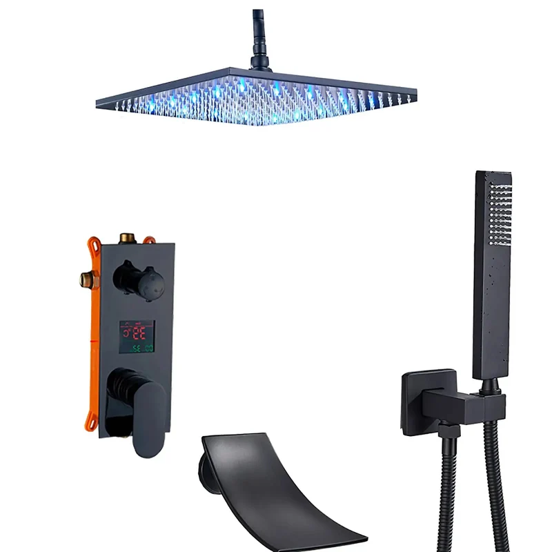 Badass Black Shower System Crafted From Heavy Duty Brass Featuring A Smart LED Digital Display, 8 Inch Rainfall Waterfall Combo Kit With Smooth Handheld Sprayer For Zero Hassle Bath Updates