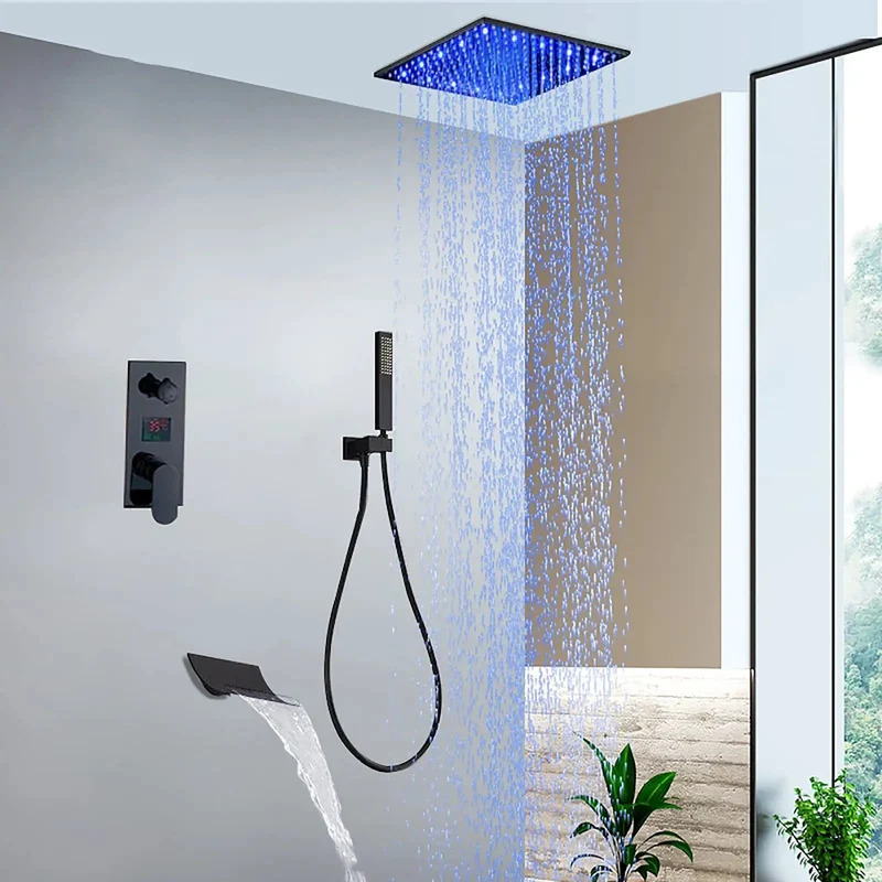 Badass Black Shower System Crafted From Heavy Duty Brass Featuring A Smart LED Digital Display, 8 Inch Rainfall Waterfall Combo Kit With Smooth Handheld Sprayer For Zero Hassle Bath Updates