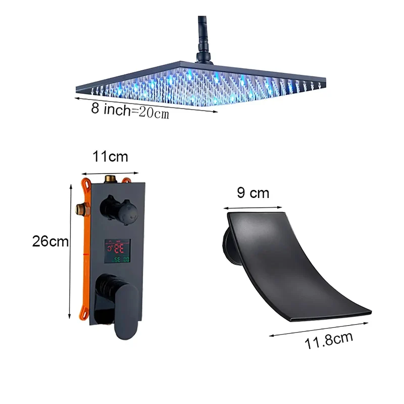 Badass Black Shower System Crafted From Heavy Duty Brass Featuring A Smart LED Digital Display, 8 Inch Rainfall Waterfall Combo Kit With Smooth Handheld Sprayer For Zero Hassle Bath Updates