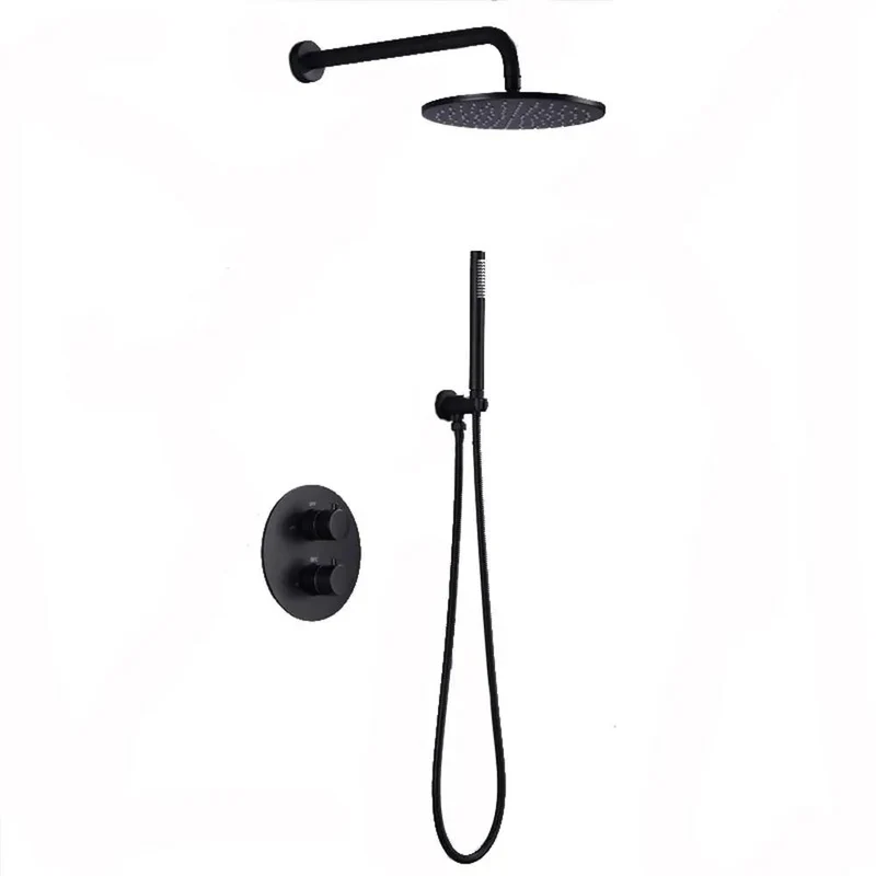 Black Thermostatic Shower System With Wall Mounted Brass Faucet And Rock Solid Anti Scald Temperature Control For A No Sweat Daily Shower Upgrade Featuring A Smooth Handle And 12 Inch Head With Handheld Wand