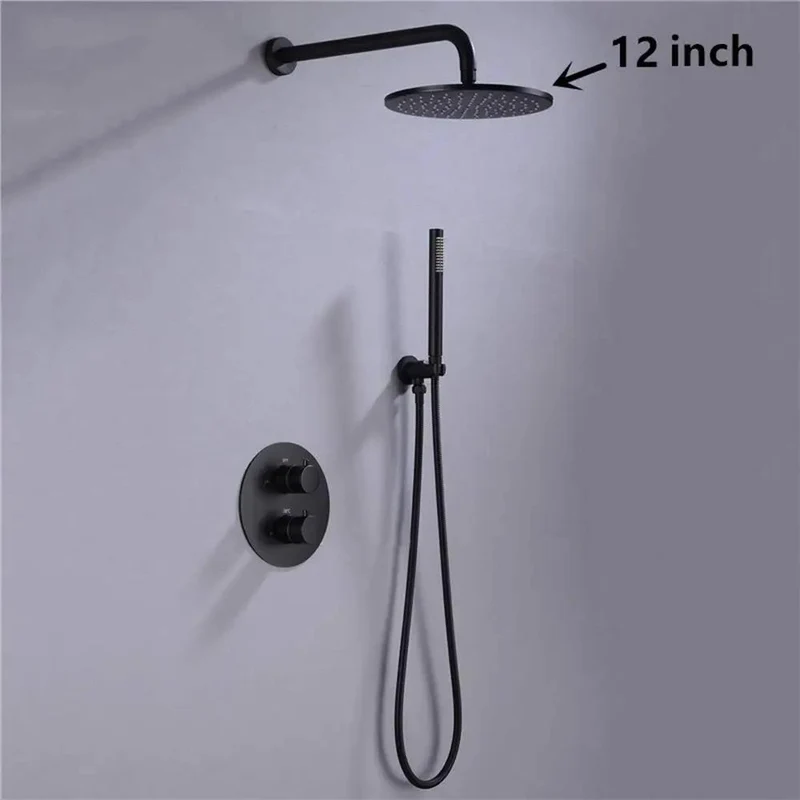 Black Thermostatic Shower System With Wall Mounted Brass Faucet And Rock Solid Anti Scald Temperature Control For A No Sweat Daily Shower Upgrade Featuring A Smooth Handle And 12 Inch Head With Handheld Wand