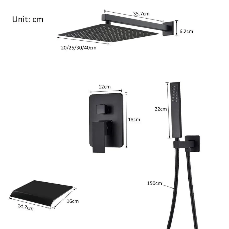 Slick Matte Black Concealed Shower System Wall Mounted Bath Faucet Set With Big Square Head And Handheld Sprayer Plus Waterfall Tub Spout For Top Shelf Home Refresh