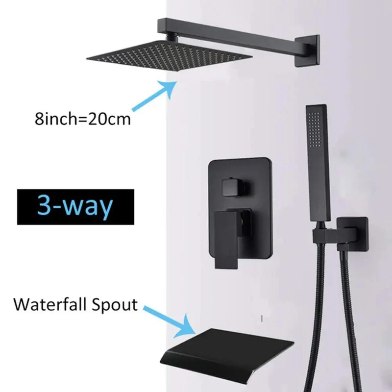 Slick Matte Black Concealed Shower System Wall Mounted Bath Faucet Set With Big Square Head And Handheld Sprayer Plus Waterfall Tub Spout For Top Shelf Home Refresh