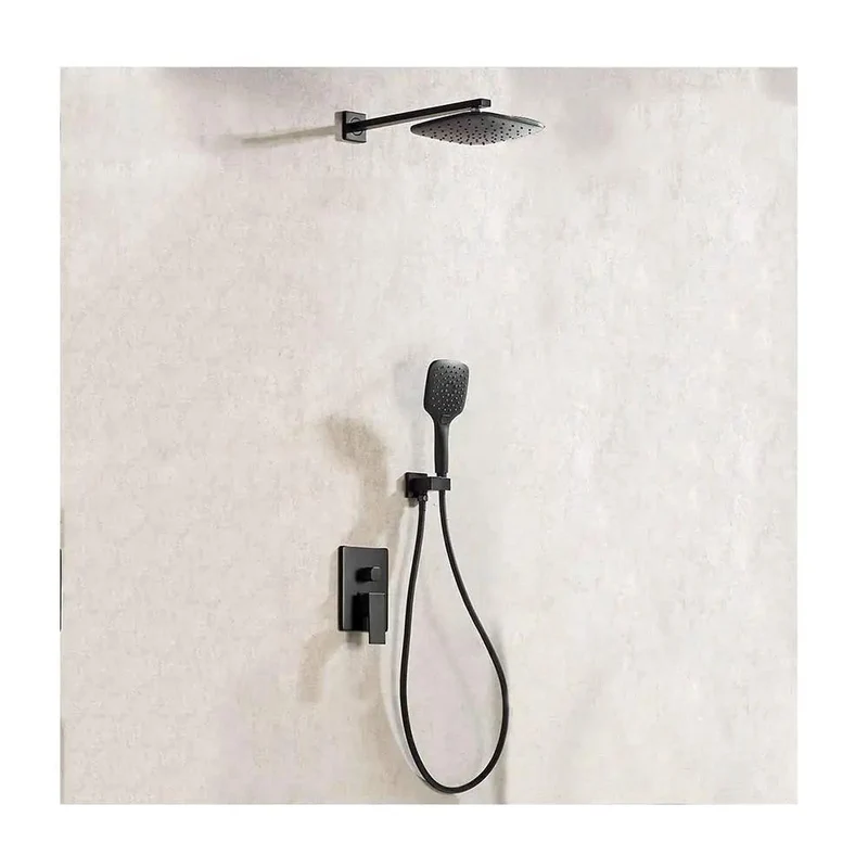 Contemporary Black Shower Combo With Single Handle Control Square ABS Head And Handheld Sprayer Wide Mist Hot Cold Faucet Set For Effortless Washing And A Slick Bathroom Upgrade