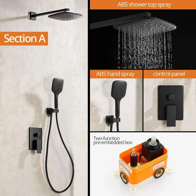 Contemporary Black Shower Combo With Single Handle Control Square ABS Head And Handheld Sprayer Wide Mist Hot Cold Faucet Set For Effortless Washing And A Slick Bathroom Upgrade