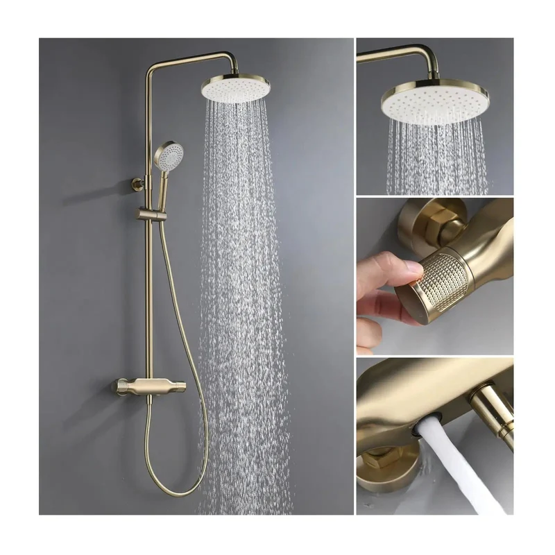 Top Shelf Brushed Gold Shower System Wall Mounted Brass Faucet Set Featuring Dual Handle Mixer And Three Mode Handheld Shower Head With Sleek Tub Spout Keeping Your Daily Routine Looking Clean