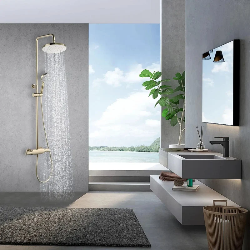 Top Shelf Brushed Gold Shower System Wall Mounted Brass Faucet Set Featuring Dual Handle Mixer And Three Mode Handheld Shower Head With Sleek Tub Spout Keeping Your Daily Routine Looking Clean
